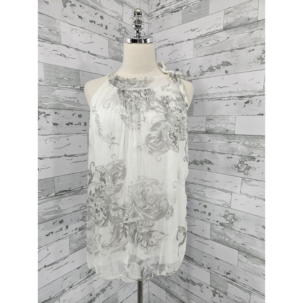CobbleStone Italy Women White Grey Floral Silk‎ Sleeveless Tie Neck Blouse M